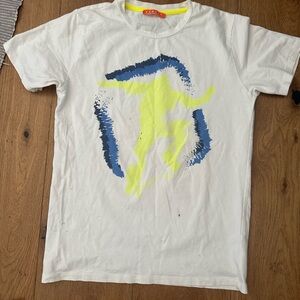 White T-Shirt with Blue and Yellow Graphic